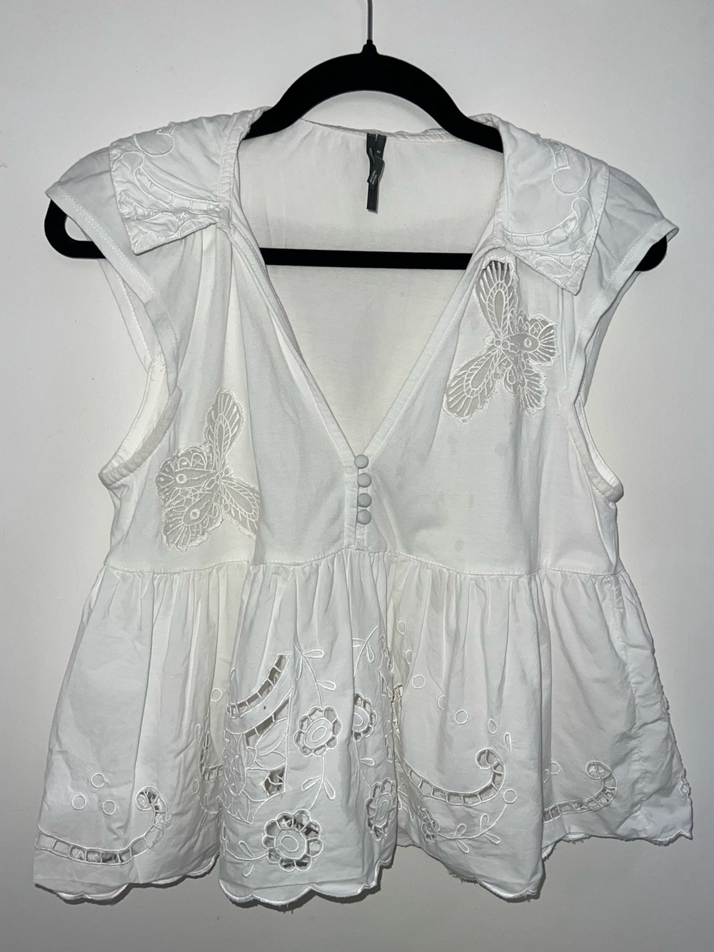 Anthropologie White Embroidered Peplum Top